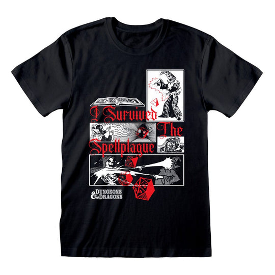 T-Shirt Dungeons & Dragons I Survived The Spellplague noir, taille L, avec le logo et texte blanc, sur fond clair