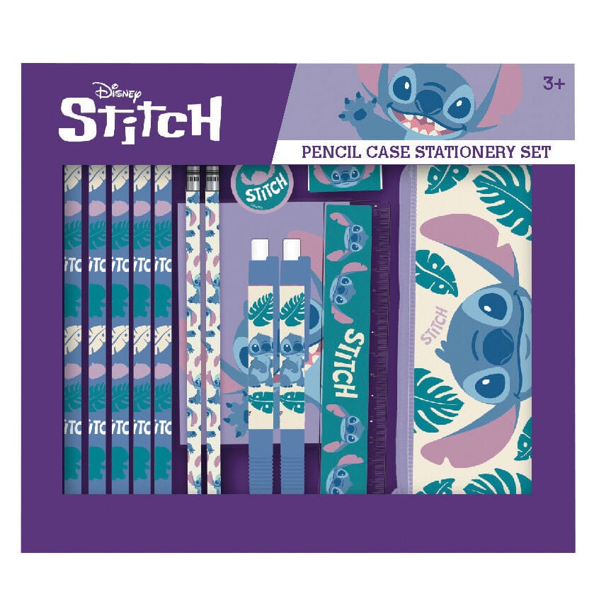Set de papeterie Lilo & Stitch 14 pièces CyP Brands avec cahier, trousse, crayons, stylos, règle, taille-crayon et gomme sur fond blanc
