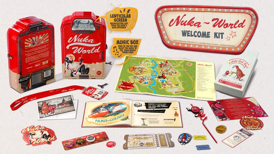 Vue d'ensemble du Kit Collector Fallout Nuka World, boîte Nuka Cola ouverte avec tous les contenus.
