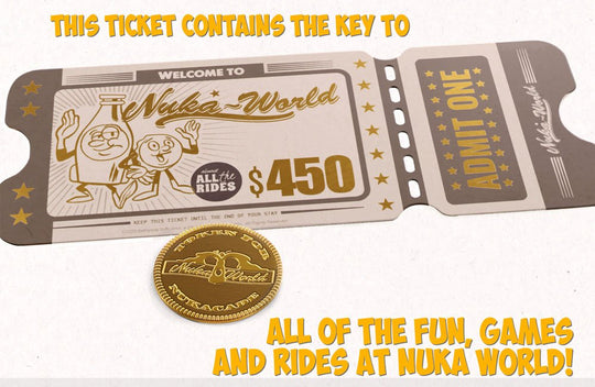 Le pin's Bottle & Cappy et la pièce Nuka-Cade du kit collector Fallout Nuka World.