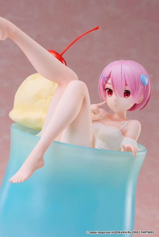 Détail de la statuette Ram Cream Soda Ver. Re:Zero, focus sur le visage et la tenue