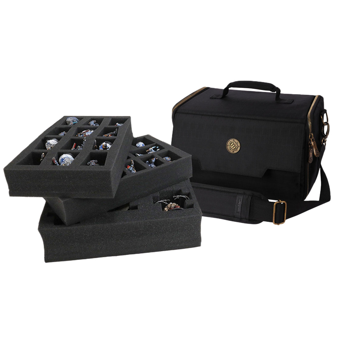 Sac bandoulière Enhance pour figurines RPG ouvert, montrant les inserts en mousse et les compartiments pour miniatures.