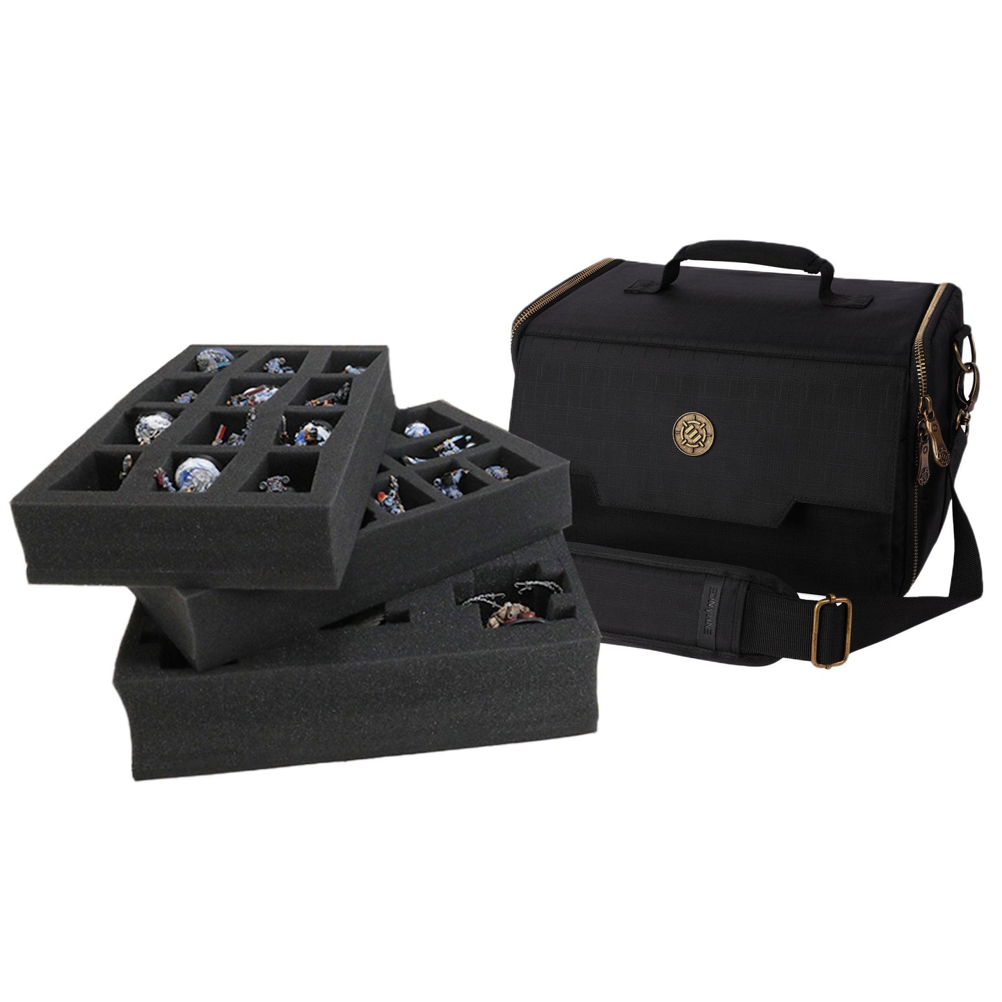 Sac bandoulière Enhance pour figurines RPG ouvert, montrant les inserts en mousse et les compartiments pour miniatures.
