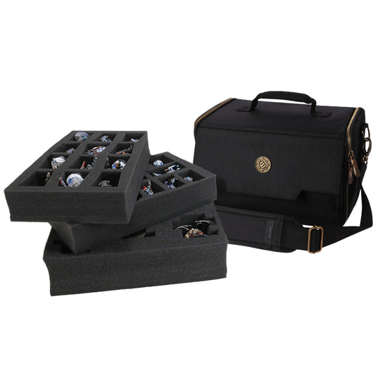 Sac bandoulière Enhance pour figurines RPG ouvert, montrant les inserts en mousse et les compartiments pour miniatures.