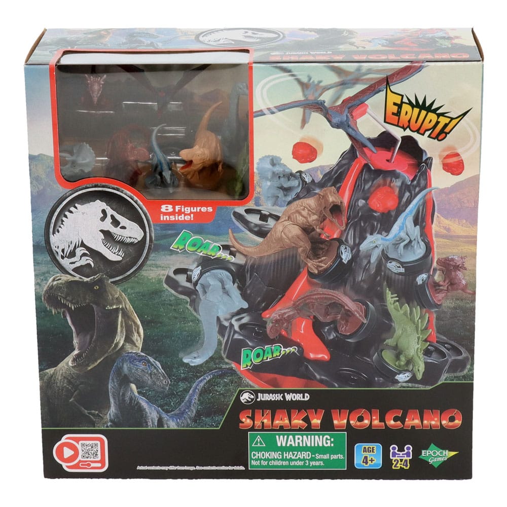 Enfants jouant au jeu Jurassic World Shaky Volcano d'Epoch Toys, sauvant les dinosaures