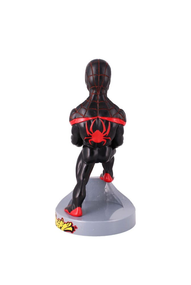 Détail du visage et du costume de Spider-Man Miles Morales sur le support