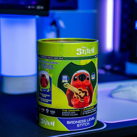 Vue latérale du support Holdems Stitch avec des écouteurs