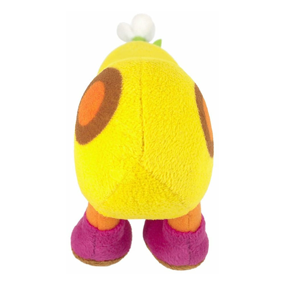 Peluche Wiggler Nintendo sur fond neutre, montrant la taille de 14 cm