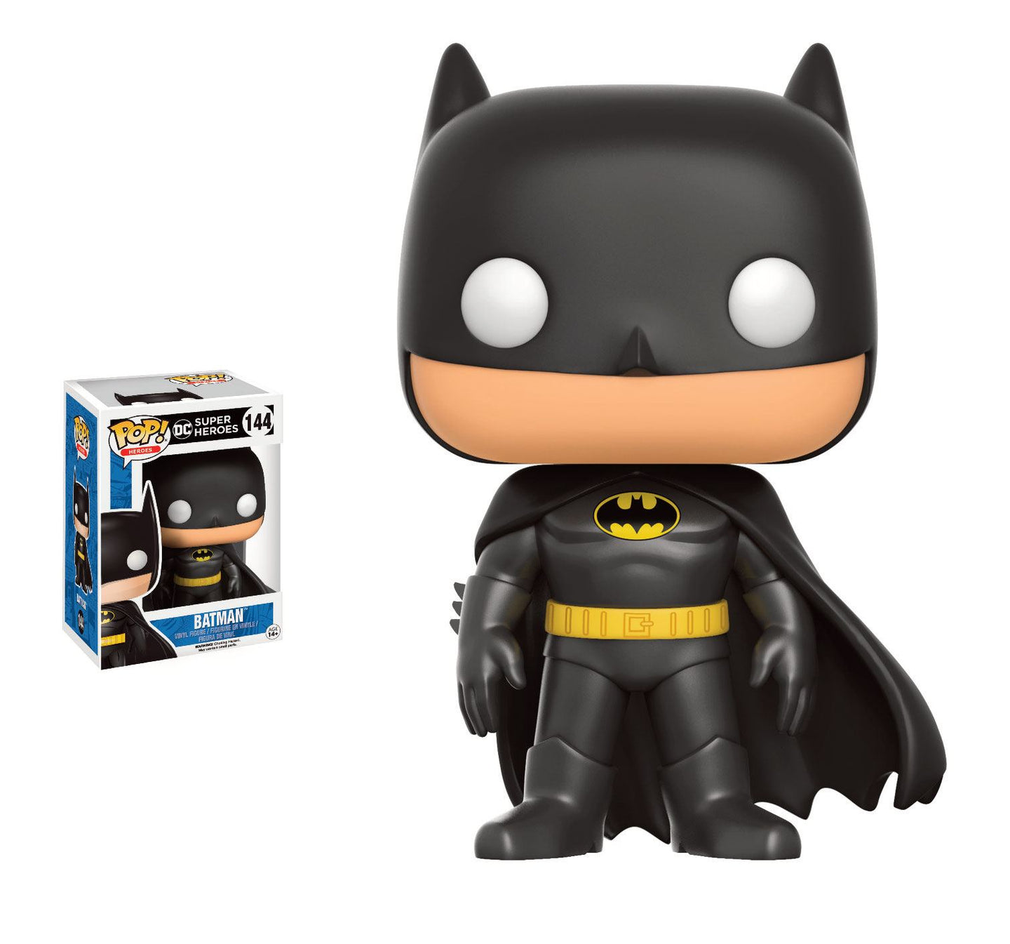 Figurine Funko POP! Heroes Classic Batman (Cape Flottante) 9cm en vinyle, vue de face dans sa boîte-fenêtre, prête à être exposée.