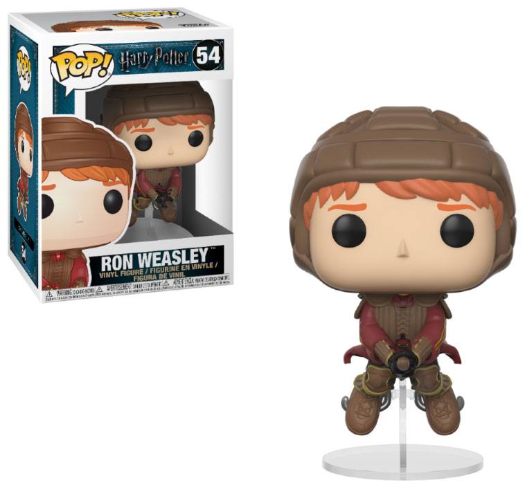 Funko POP Harry Potter Ron Weasley sur son balai, figurine vinyle 9 cm, vue frontale détaillée.