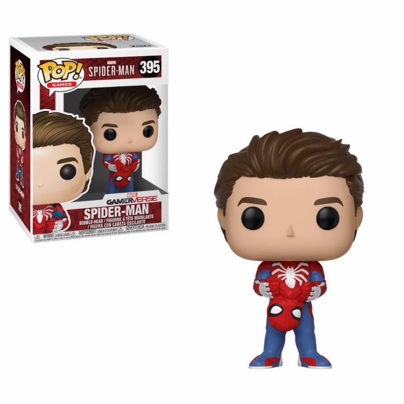 Figurine Funko POP! Spider-Man Unmasked 9 cm en vinyle dans sa boîte-fenêtre, vue de face.