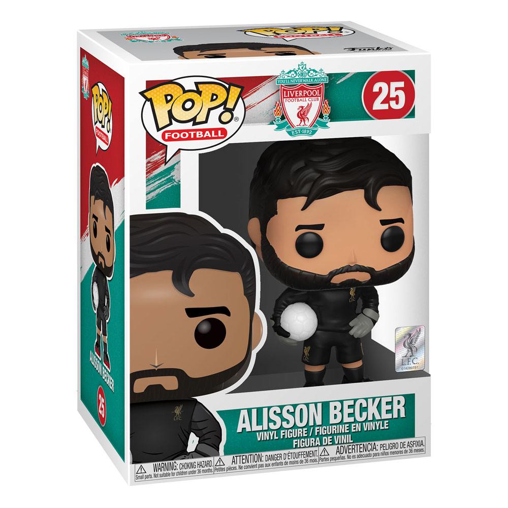 Gros plan sur la figurine Funko POP! Alisson Becker de Liverpool FC, montrant les détails du maillot et du visage.