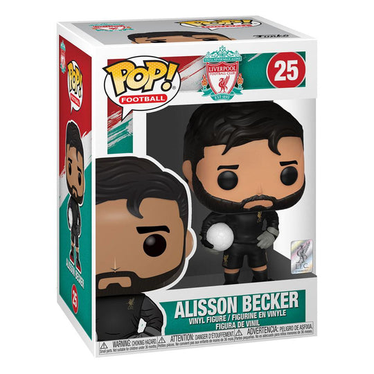 Gros plan sur la figurine Funko POP! Alisson Becker de Liverpool FC, montrant les détails du maillot et du visage.
