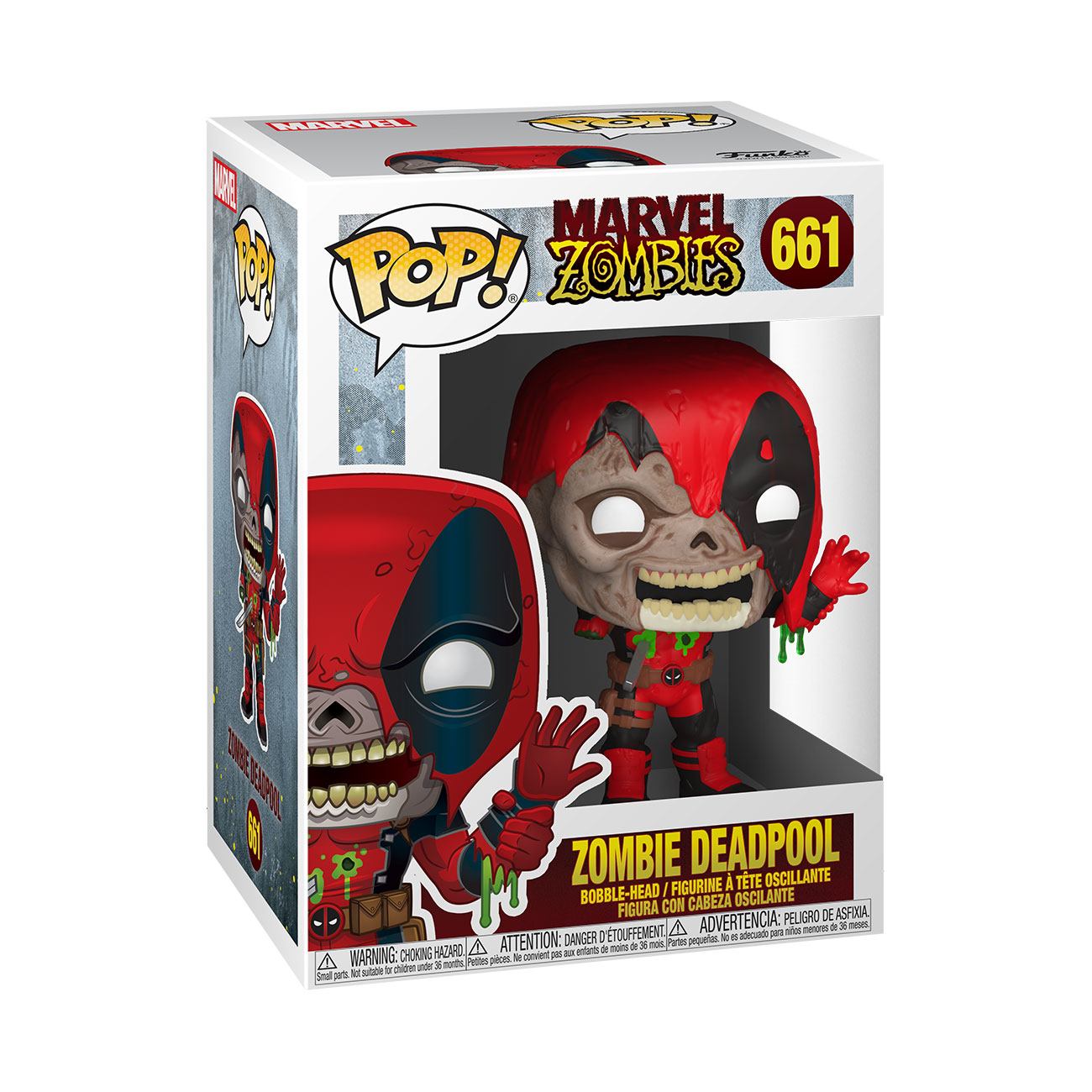Boîte-fenêtre de la figurine Funko POP! Zombie Deadpool, montrant le personnage et le logo Marvel