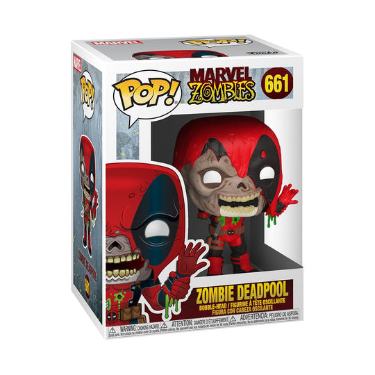 Boîte-fenêtre de la figurine Funko POP! Zombie Deadpool, montrant le personnage et le logo Marvel