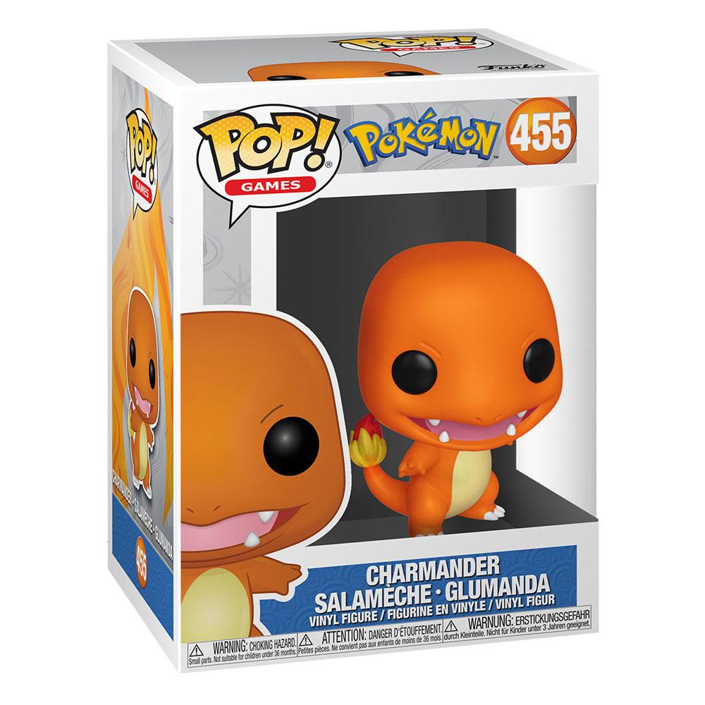 Détail de la figurine Funko POP! Salamèche (Charmander) hors de sa boîte, montrant le design stylisé et la flamme de sa queue.