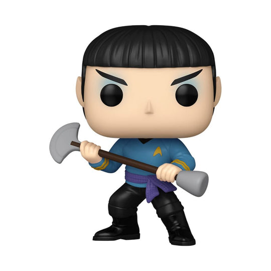 Figurine Funko POP! Star Trek Spock avec arme, vue de face dans sa boîte-fenêtre.