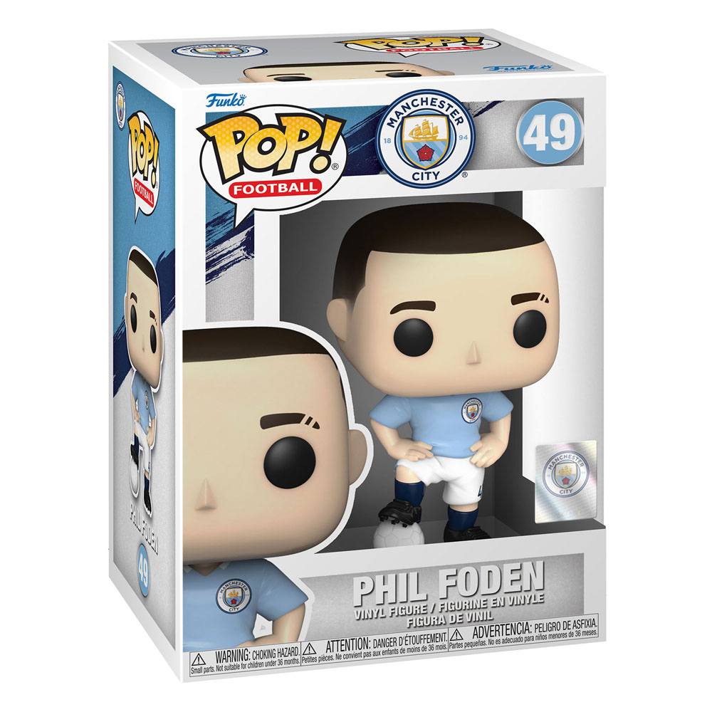 Détail de la figurine Funko POP! Phil Foden, maillot Manchester City, posée hors de sa boîte.
