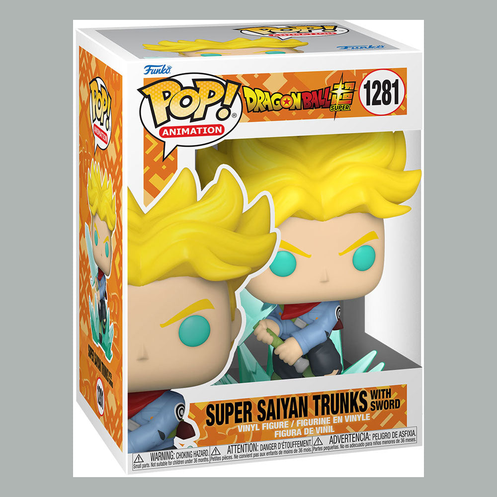 Boîte-fenêtre de la figurine Funko POP! Trunks SS Épée avec logo Dragon Ball Super