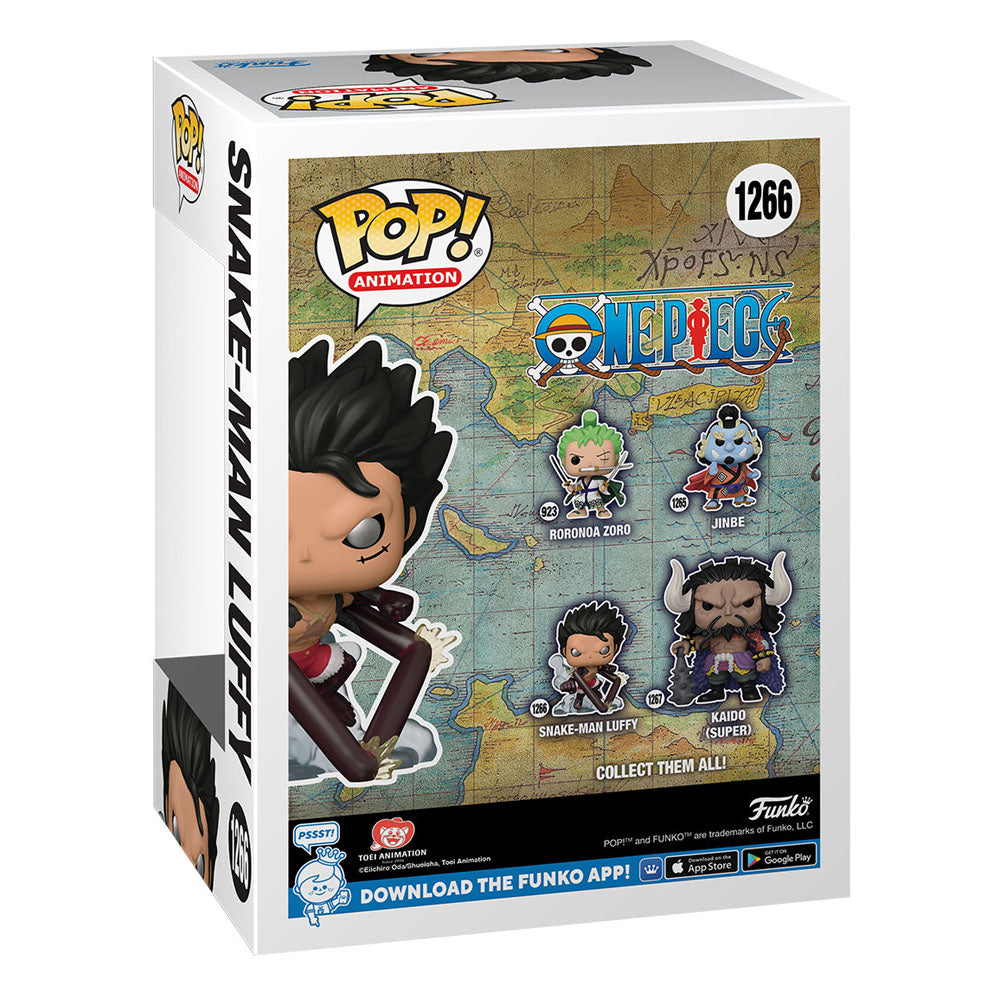 Boîte-fenêtre de la figurine Funko POP! One Piece Luffy Snake-Man, idéale pour les collectionneurs.