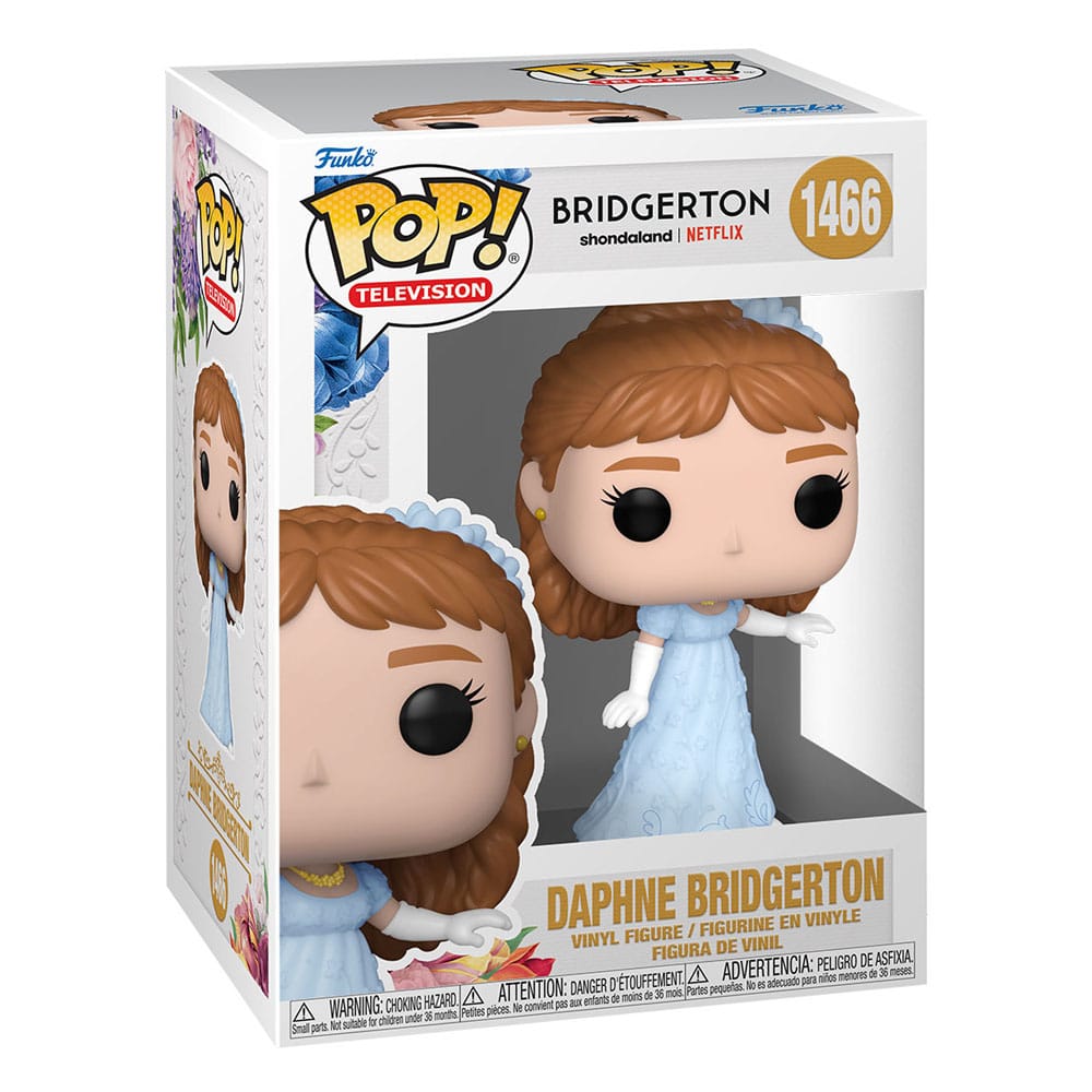 Gros plan sur la figurine Funko POP! Daphne Bridgerton, montrant les détails de sa robe et de sa coiffure.