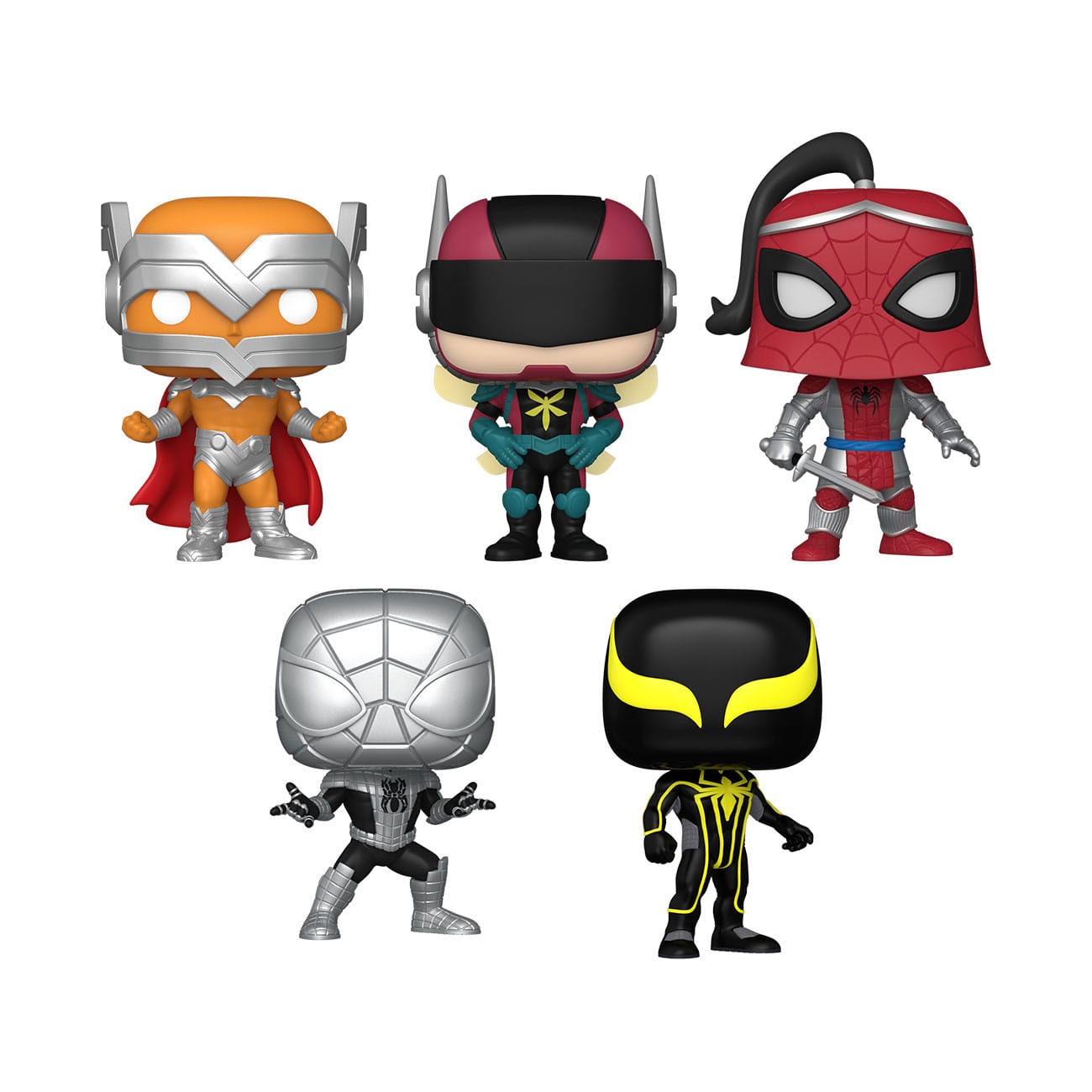 Pack de 5 figurines Funko POP! Marvel Year of the Spider Special Edition avec Prodigy, The Hornet, Prince of Arachne, Spider Armor Mk I et Mk II en boîte-fenêtre.