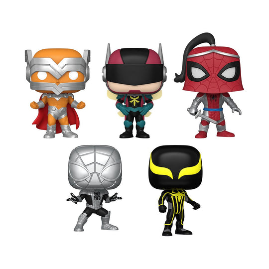 Pack de 5 figurines Funko POP! Marvel Year of the Spider Special Edition avec Prodigy, The Hornet, Prince of Arachne, Spider Armor Mk I et Mk II en boîte-fenêtre.