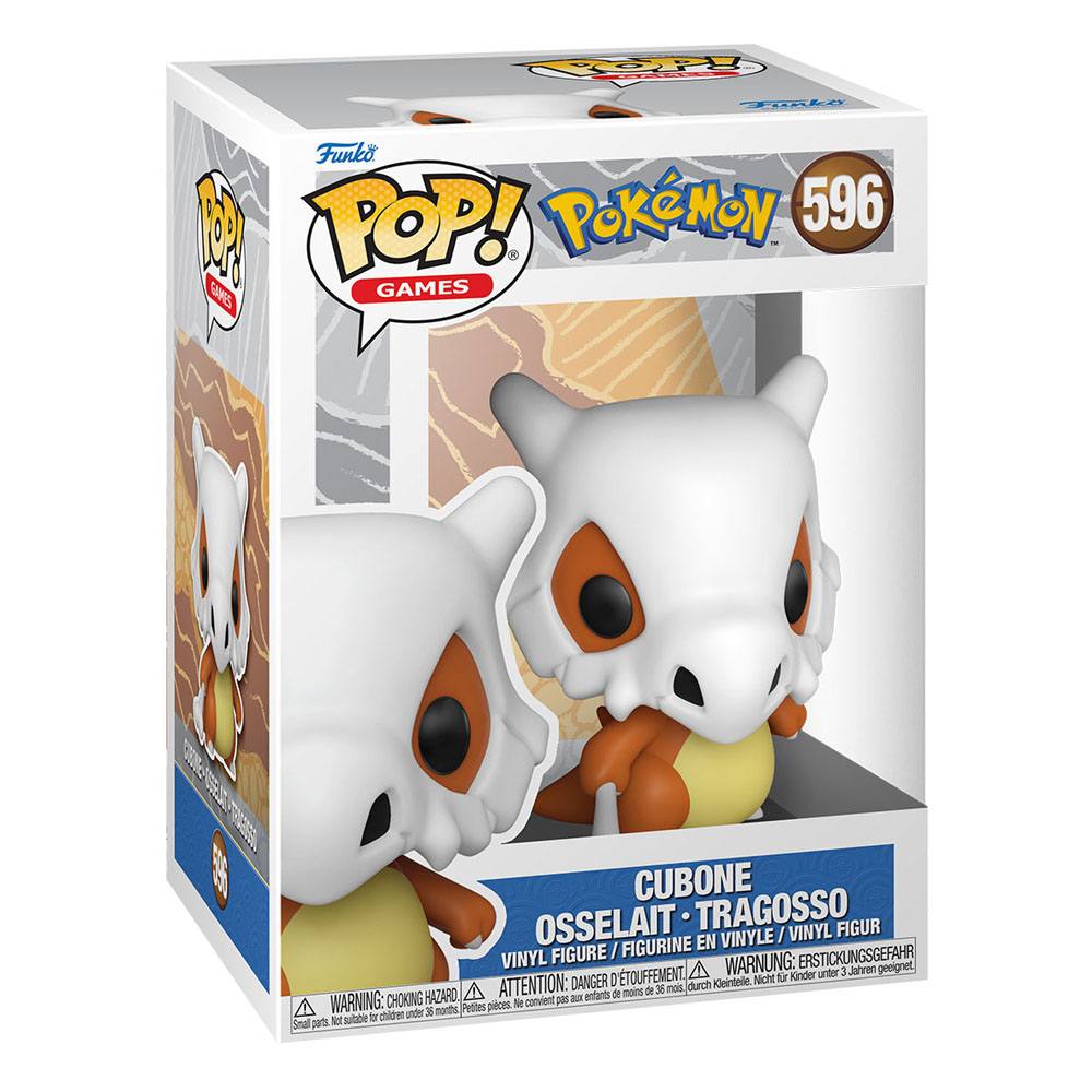 Boîte-fenêtre de la figurine Funko Pop Cubone Pokémon, montrant le personnage et le logo.