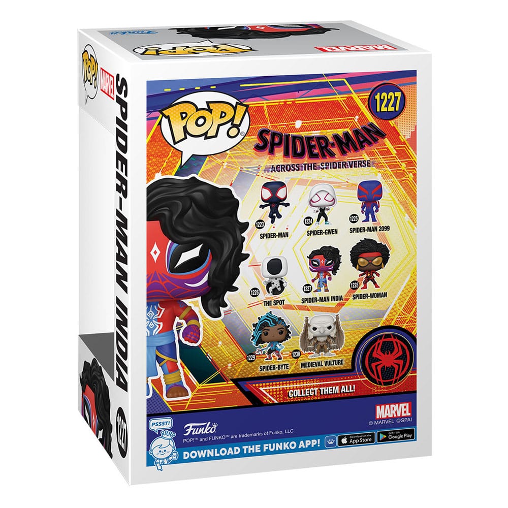 Figurine Funko POP! Spider-Man India hors de sa boîte, posée sur un socle