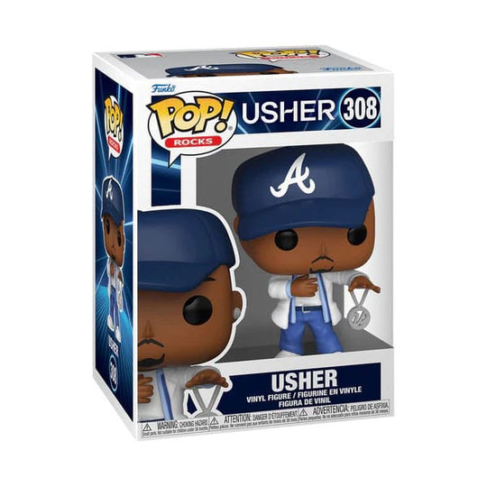 Boîte-fenêtre de la figurine Funko POP! Usher 'Yeah!', affichant le personnage et le logo Funko Rocks.