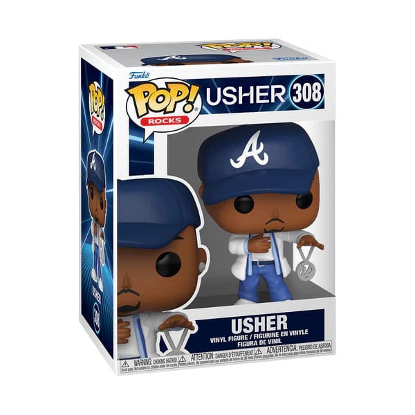 Boîte-fenêtre de la figurine Funko POP! Usher 'Yeah!', affichant le personnage et le logo Funko Rocks.