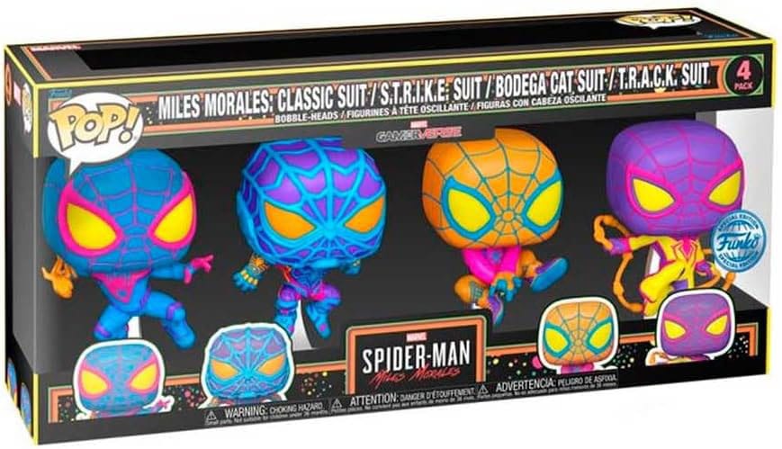 Détail des 4 figurines Funko POP! Miles Morales BLKLT sur leur présentoir mural