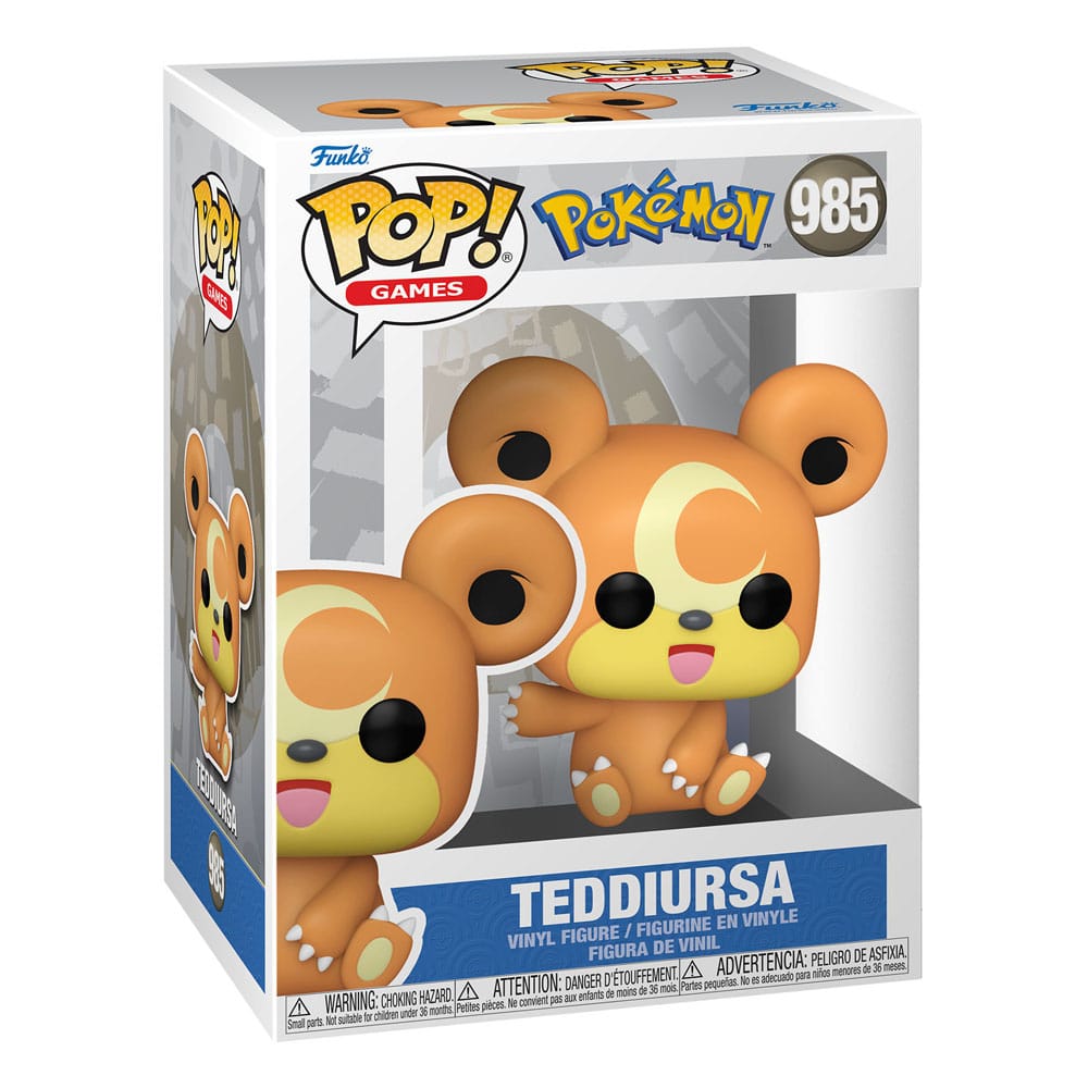 Détail de la figurine Funko POP Teddiursa Pokémon, gros plan sur le visage et les pattes.
