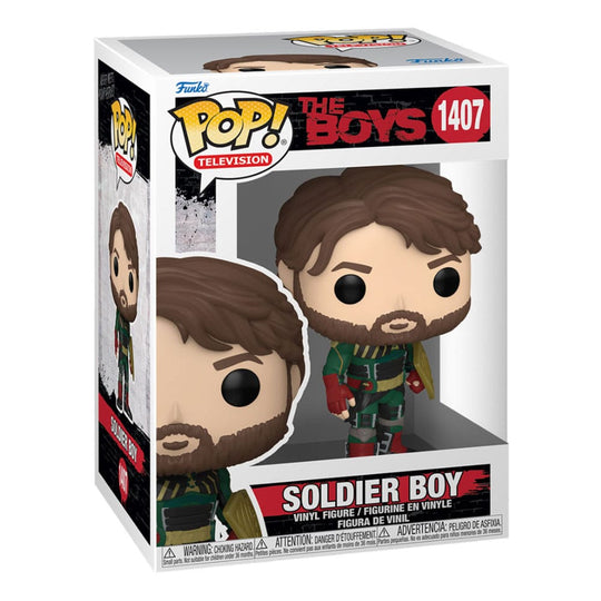 Détail de la figurine Funko POP! Soldier Boy The Boys, montrant son costume et son bouclier.