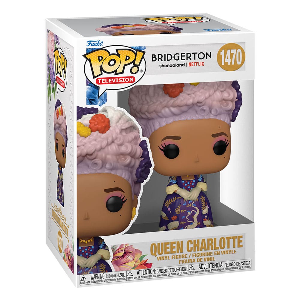 Gros plan sur le visage de la figurine Funko POP! Queen Charlotte de Bridgerton, montrant les détails de sa coiffure et de sa robe.