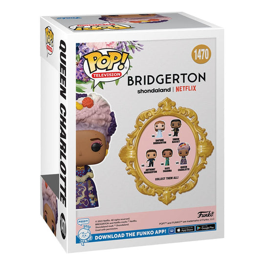 Figurine Funko POP! Queen Charlotte de Bridgerton hors de sa boîte, posée sur une surface, vue de profil.