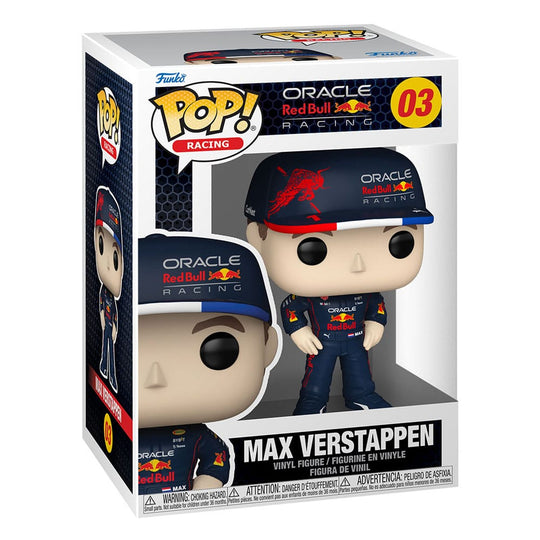 Détail de la figurine Funko POP! Max Verstappen F1 hors de sa boîte, montrant le casque et la combinaison.