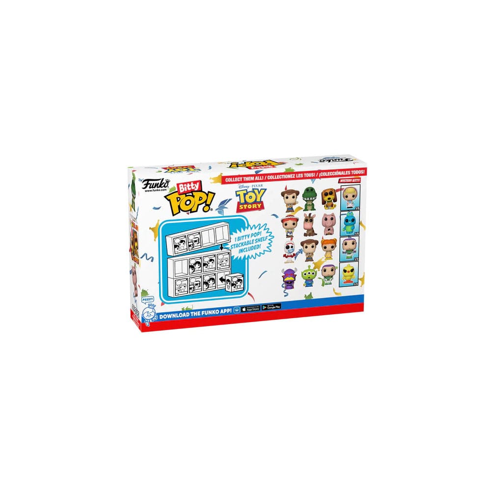 Vue latérale du pack Funko Bitty POP! Toy Story, montrant les figurines et la boîte-fenêtre.
