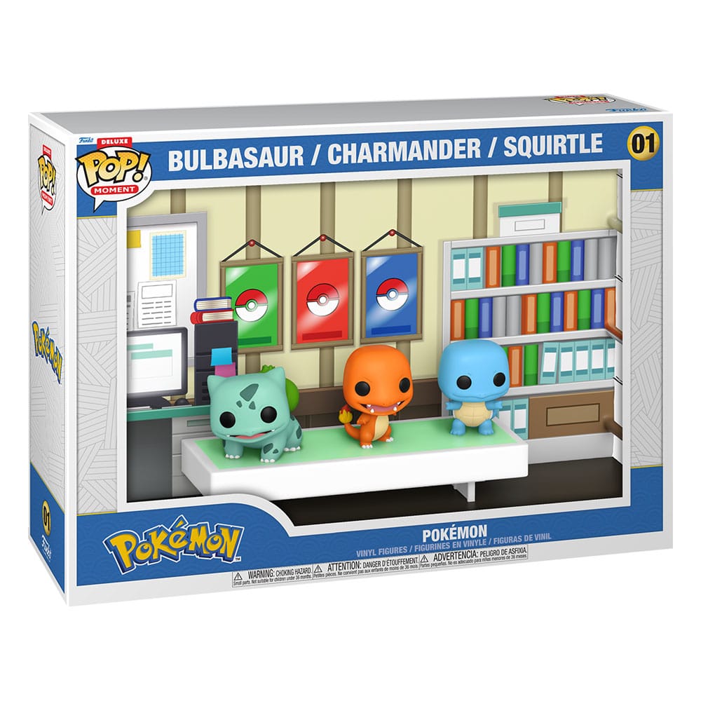 Vue détaillée des figurines Funko POP Pokémon Starters Deluxe en vinyle, mettant en avant les trois Pokémon