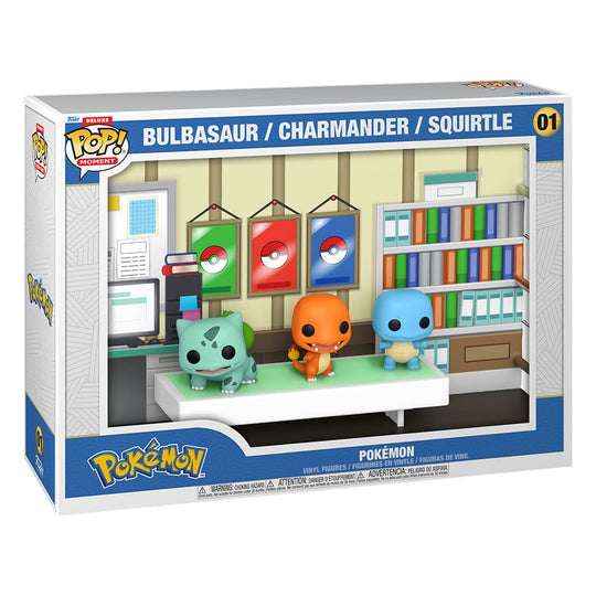 Vue détaillée des figurines Funko POP Pokémon Starters Deluxe en vinyle, mettant en avant les trois Pokémon