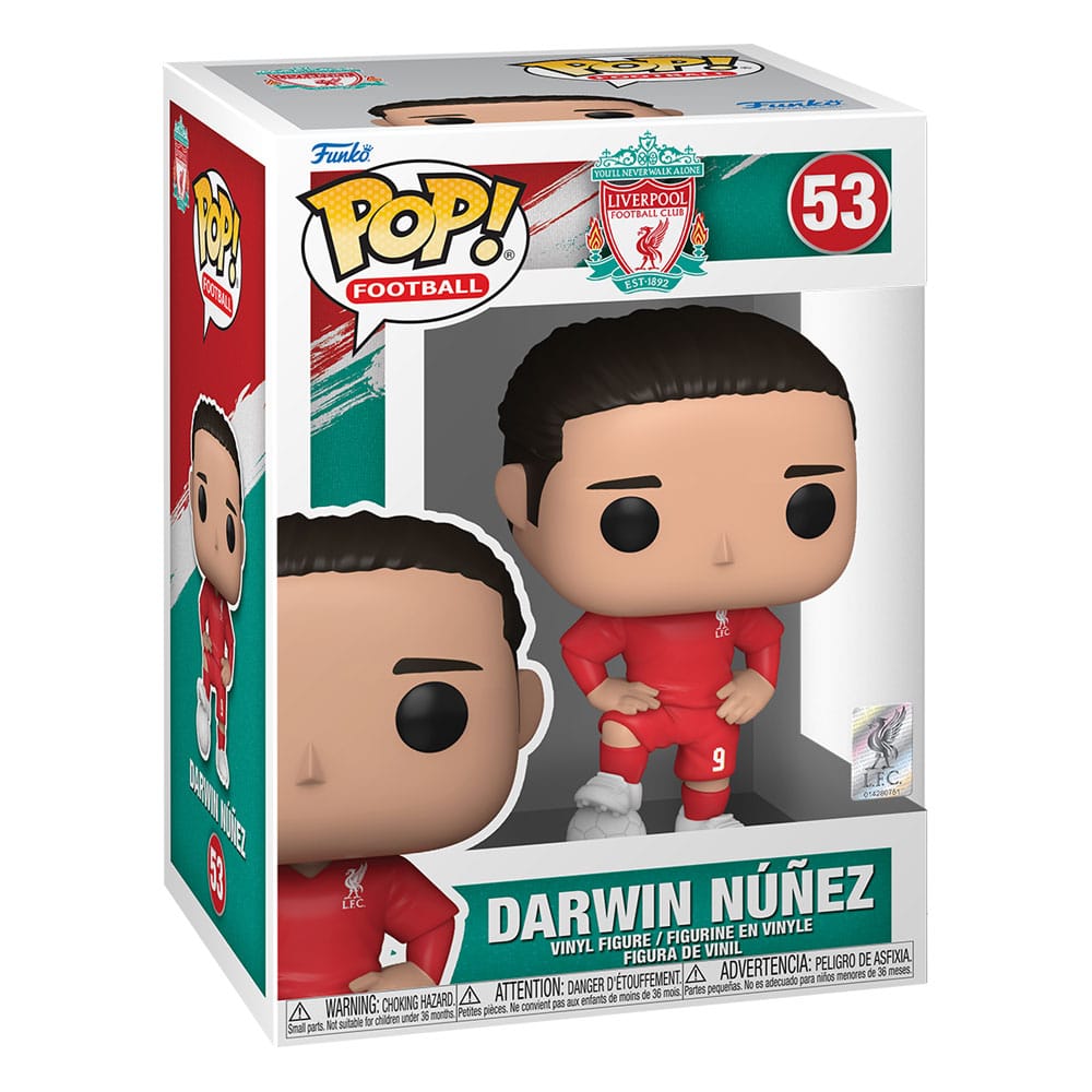 Figurine Funko POP! Darwin Núñez Liverpool FC hors de sa boîte, détails du maillot rouge et numéro 9.
