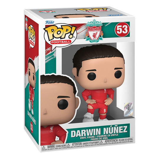Figurine Funko POP! Darwin Núñez Liverpool FC hors de sa boîte, détails du maillot rouge et numéro 9.