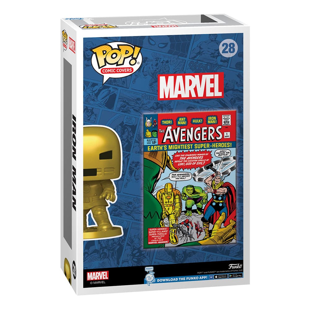 Détail de la figurine Funko POP! Avengers #1 avec fond de couverture de comic