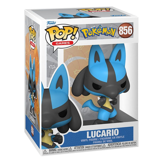 Boîte-fenêtre de la figurine Funko POP! Jumbo Lucario 25cm, affichant le design