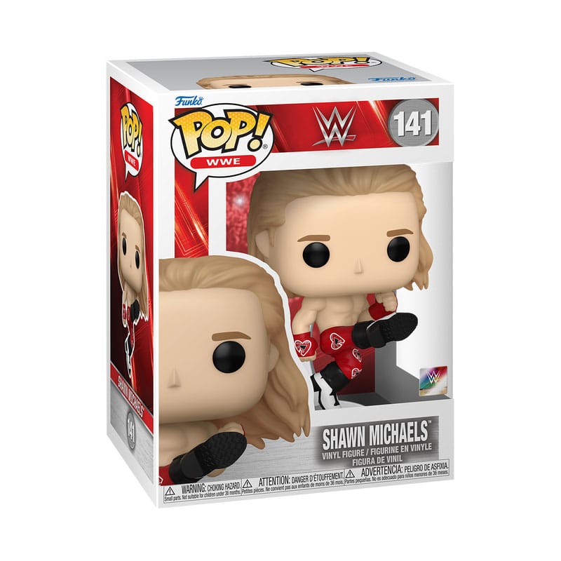 Détail de la figurine Funko POP! Shawn Michaels, montrant sa tenue de catcheur et son expression emblématique.