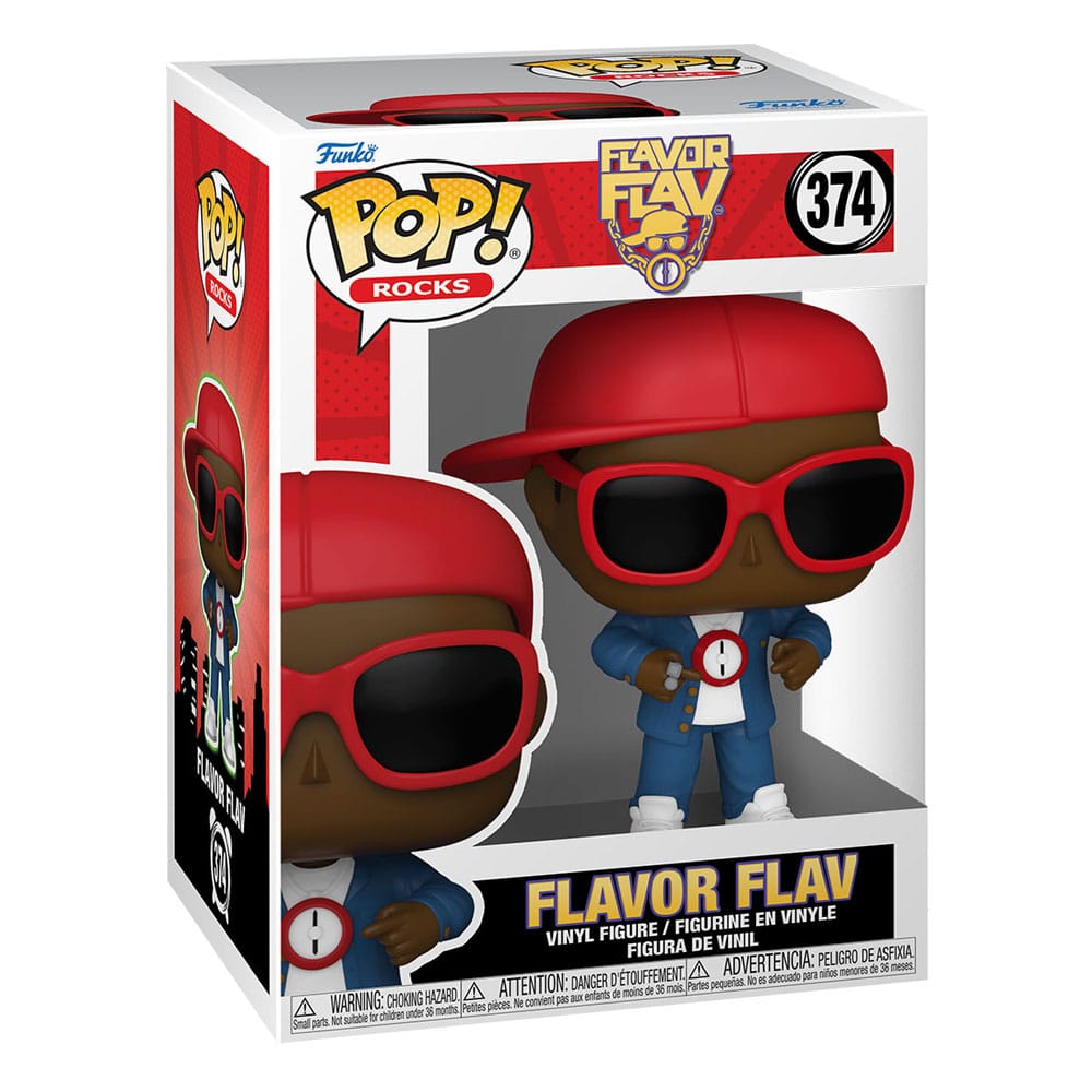 Boîte-fenêtre de la figurine Funko POP! Flavor Flav, montrant le personnage et le logo Rocks.