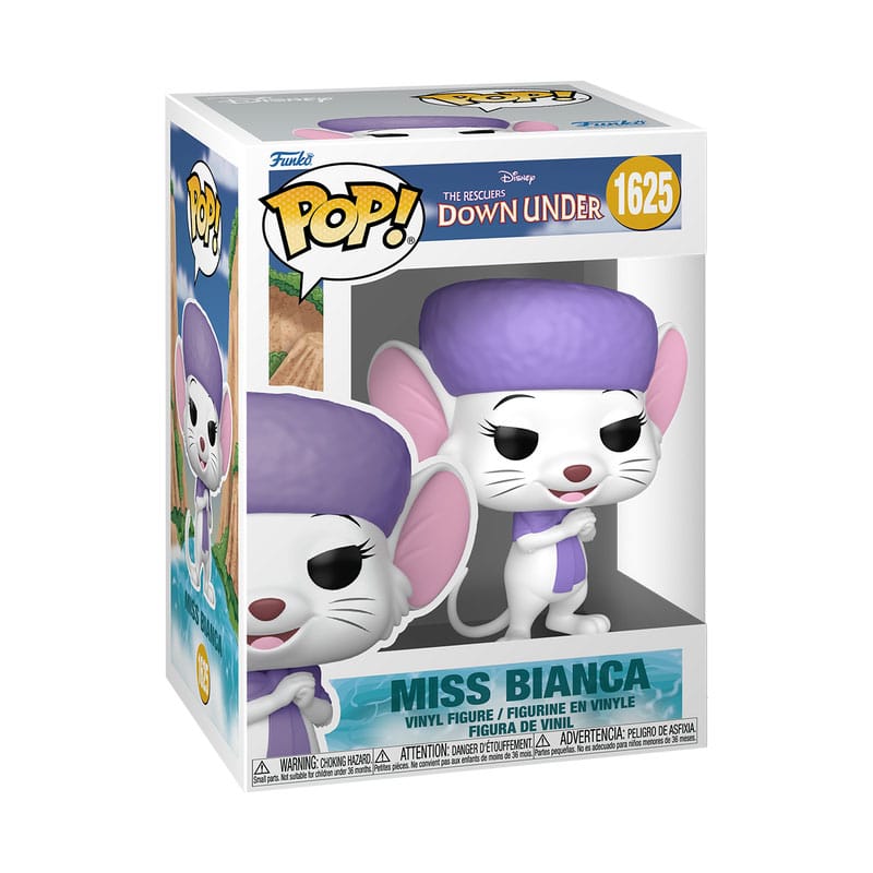 Boîte-fenêtre de la figurine Funko POP! Miss Bianca, montrant la figurine et le logo Disney