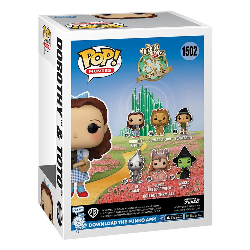 Figurine Funko POP! Dorothy et Toto hors de sa boîte, posée sur un fond neutre, vue latérale.