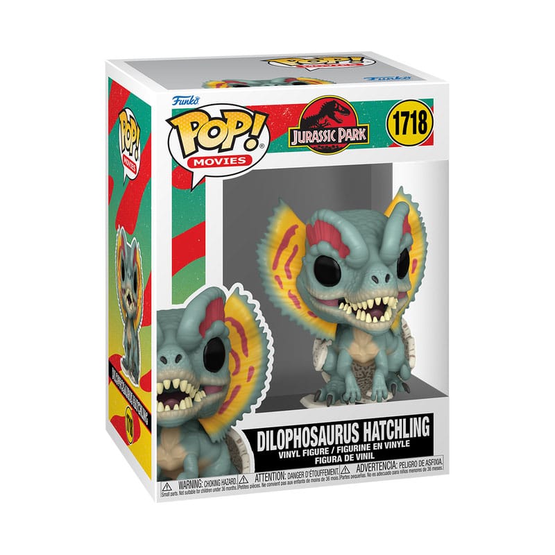 Boîte-fenêtre de la figurine Funko POP! Dilophosaurus Hatchling Jurassic Park, présentant le dinosaure et le logo