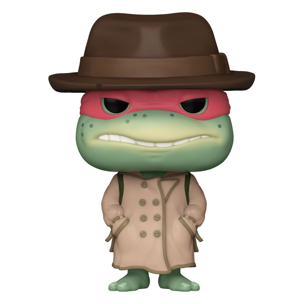 Figurine Funko Pop Raphael Tortues Ninja avec manteau et chapeau, vue de face.